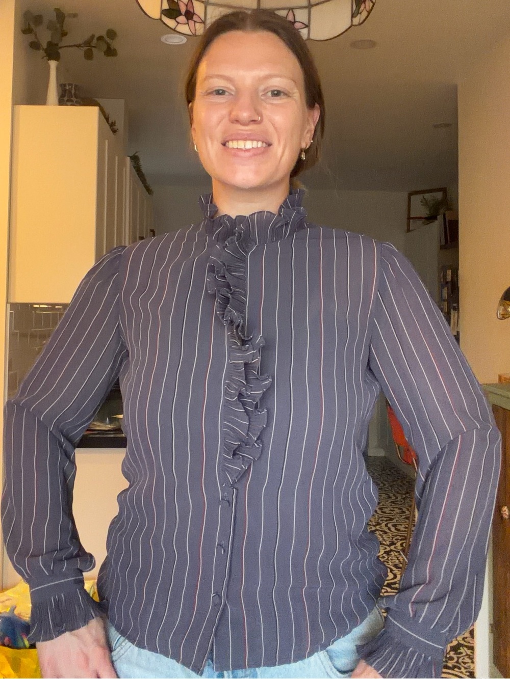 Vintage 70s Ruffle-Trim Navy Pinstripe Blouse - Picture 10 of 12